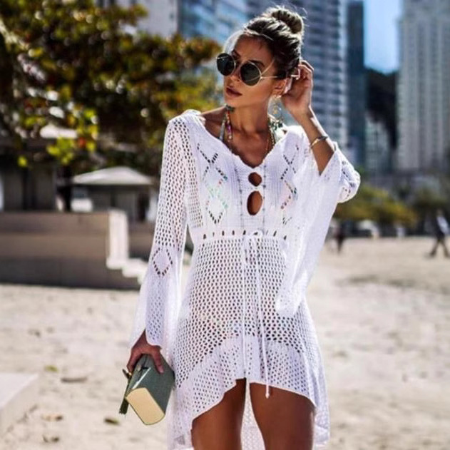 New Hollow Out Knitted Skirt With Flared Sleeves, Beach Jacket, Sexy Bikini Cover Up, Sun Protection Suit, Swimsuit, Outerwear