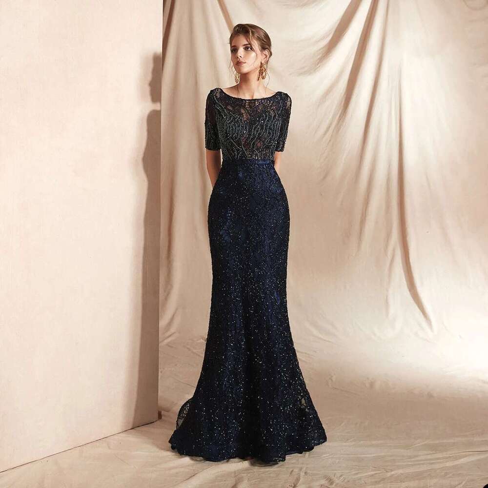 Stylish Navy Blue For Mother Of Bride, Lace Appliqued Beading, Wedding Guest, Up To The Knee, R, Formal Dress