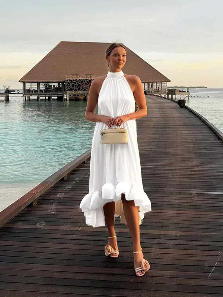 Summer Lady Sexy Open Back Halter Dress For Women Elegant White Off Shoulder Loose Aline Dresses Highstreet Party Robe 250311
