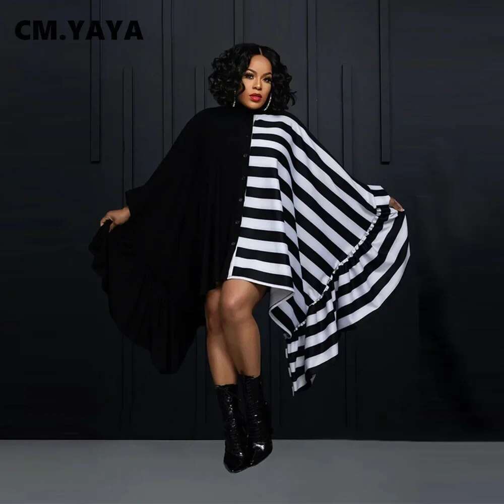 Cm.Yaya Women Striped Patchwork Ruffles Hem Batwing Long Sleeve Loose Shirt Dress 2023 Autumn Winter Fashion Dresses Vestidos