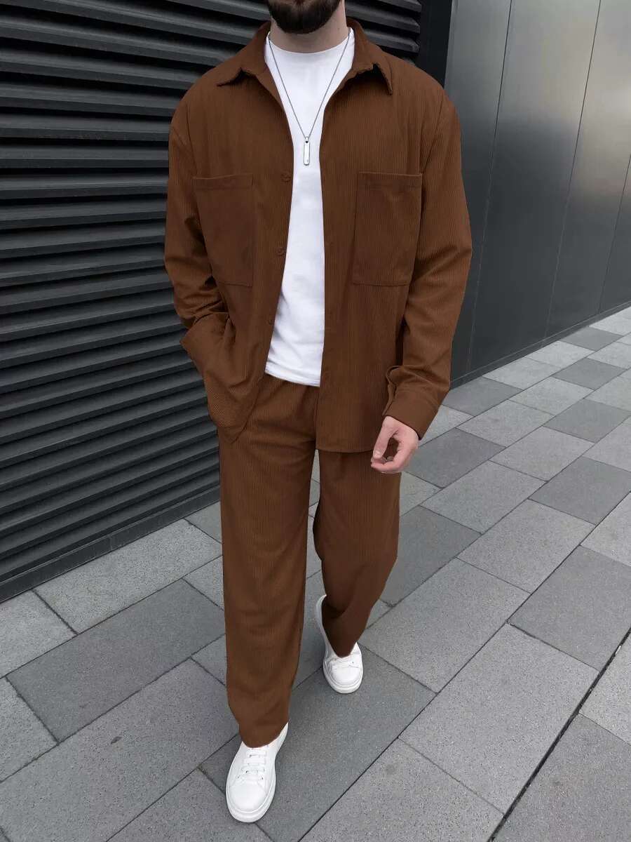 Spring Autumn Europe And The United States Cross-Border Men's Corduroy High Quality Long Sleeve Coat Casual Pants Two Piece