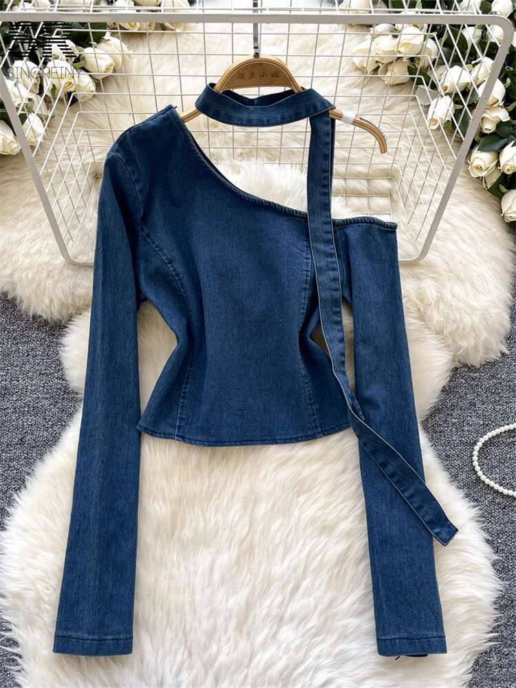 hoodie Hotsweet Denim Blouses Women Long Sleeves Skew Collar Newest Irregular Design Fashion Zipper Autumn Basics Tops jacket