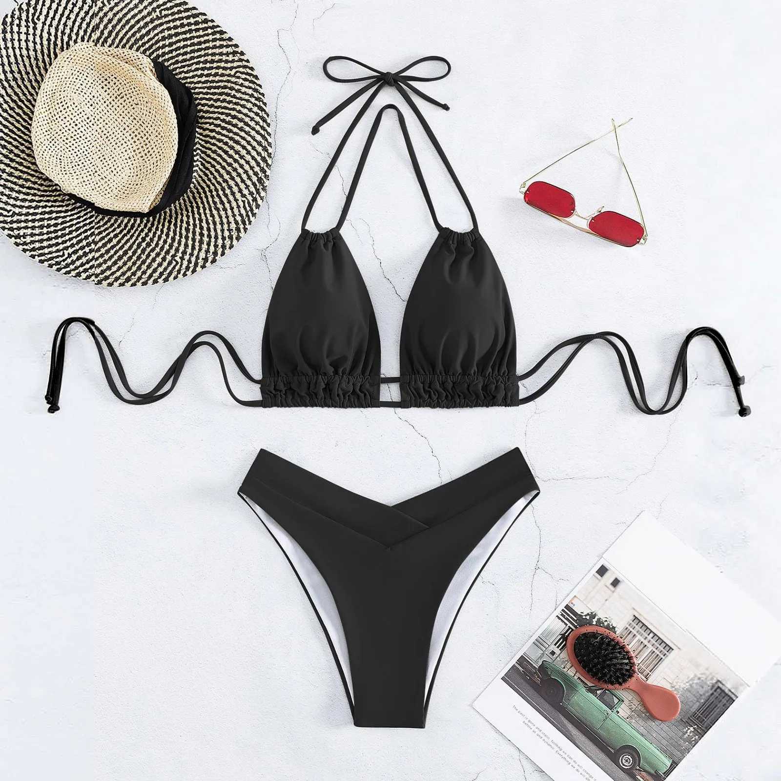 Bathing Suit Tank Bikinis Sets Swimwear 2023 Women Mid Waist Deep V Neck Wide Straps Bikini Summer Beach Wear Swimming swimsuit T250602