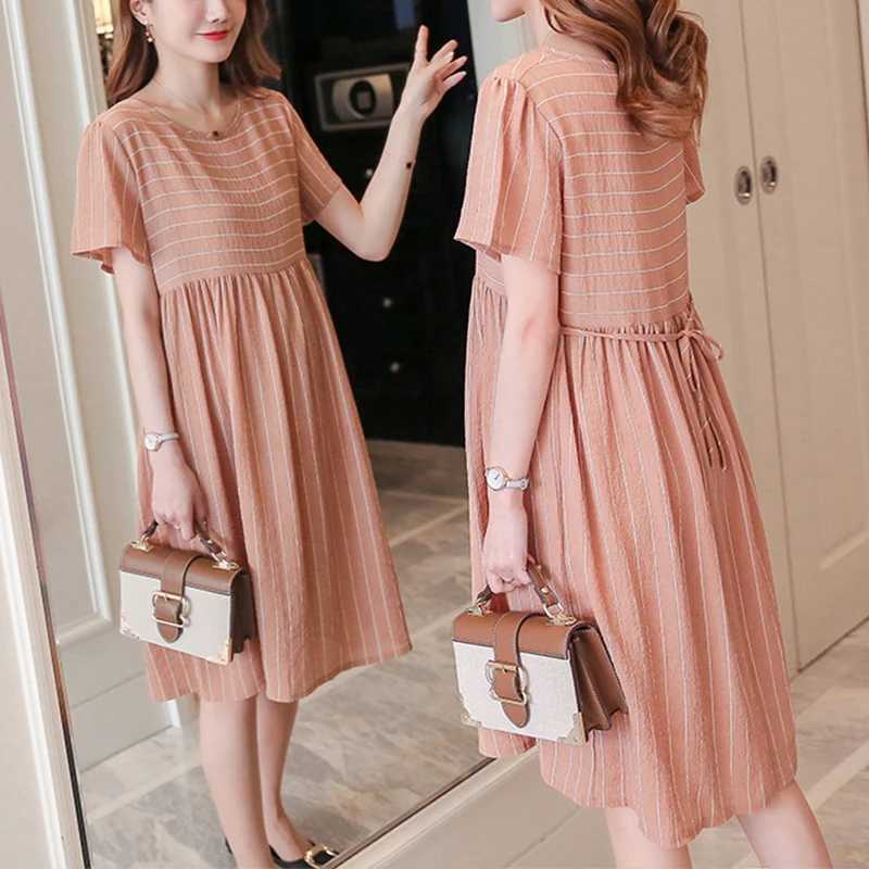 Maternity Spring and Summer Pregnancy Dress Ruffled Short-sleeved Striped Stitching Maternity Clothes Loose Dress for PremamaT250311