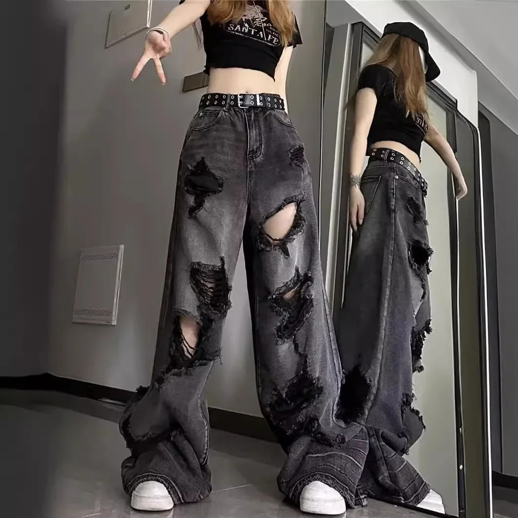 Unique Cool Ripped Jeans Womens Summer Distressed American Style Bell Bottoms Loose Fit Versatile Straight Leg Long Pants 250311
