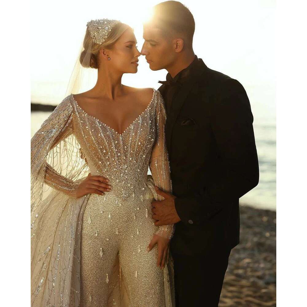 Beaded Wedding Dresses with Detachable Train, Long Sleeves, Lace Crystal Dress, Custom Made, Stunning and Bridal