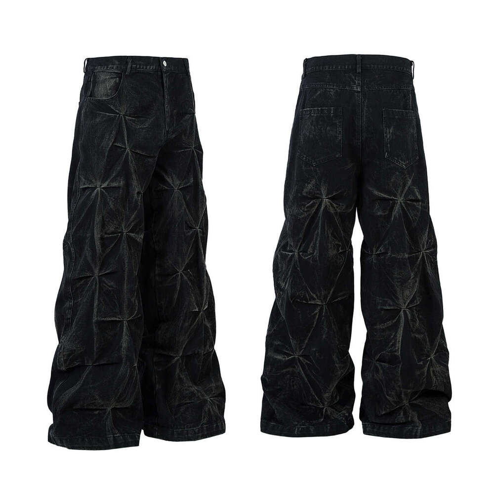 Jiayiku Men's 2025 Spring New American High Street Irregular Wrinkle Washed Jeans RO Style Wide Leg Pants