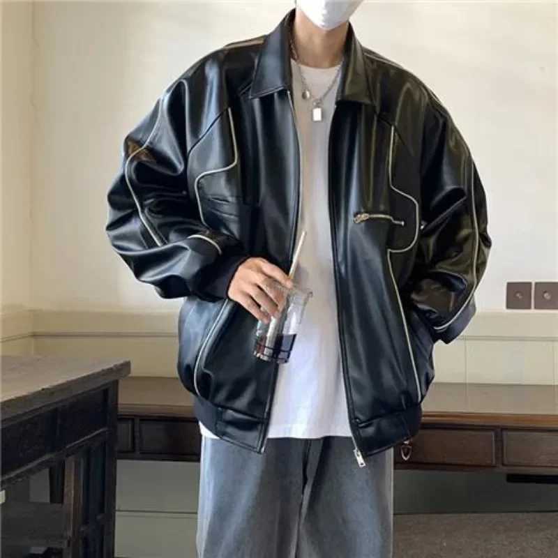 American Vintage Up Leather Jacket Autumn New Street Trend Lapel Coat Men Hip Hop Harajuku Punk Casual Loose Motorcycle JacketT250311