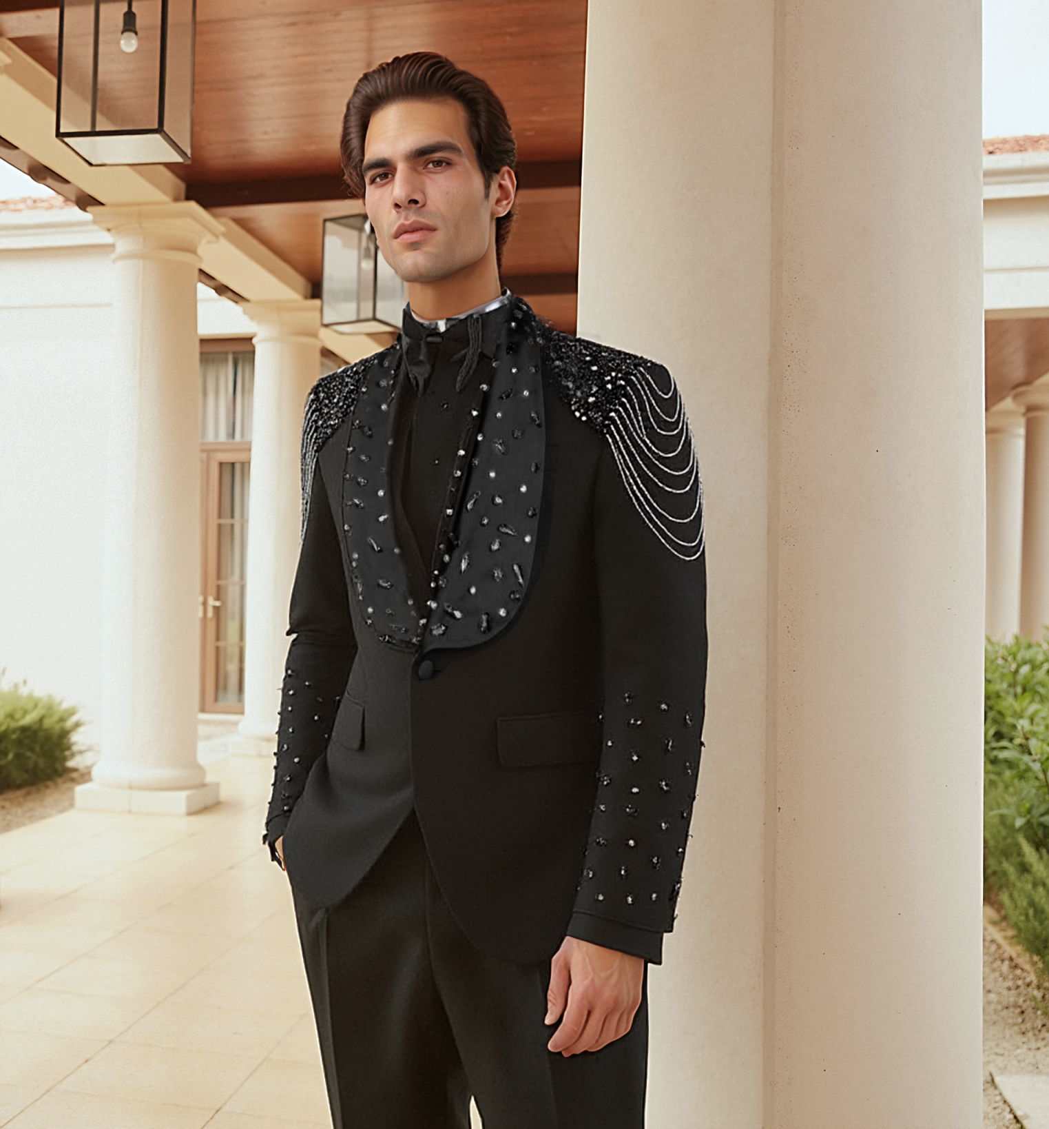 Fashion Wedding Tuxedos Beaded Crystal Men Suit Shawl Lapel 3 Piece Set Jacket Vest Pants Groom Business Blazers Customized