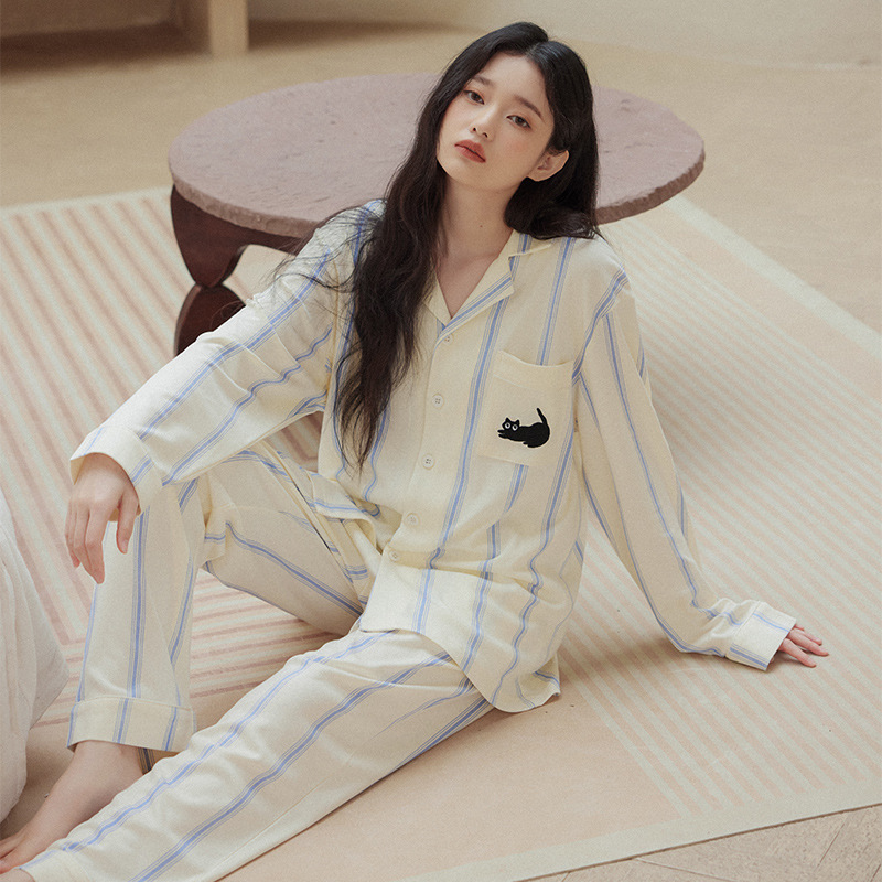 B769-Autumn new pure cotton pajamas women's vertical stripes cat long sleeve cotton home clothes suit