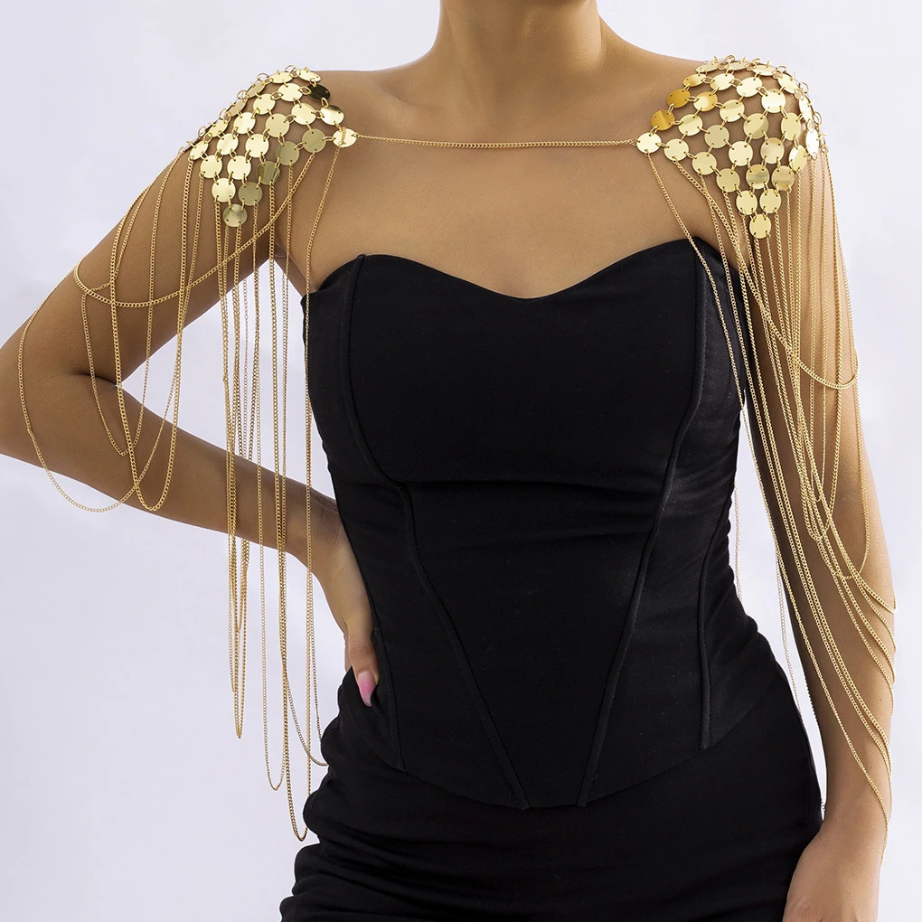 IngeSight.Z Gold Color Metal Chain Sequins Shoulder Body Chain for Women Punk Sexy Harness Tassel Epaulette Shoulder Tops Chain 250303