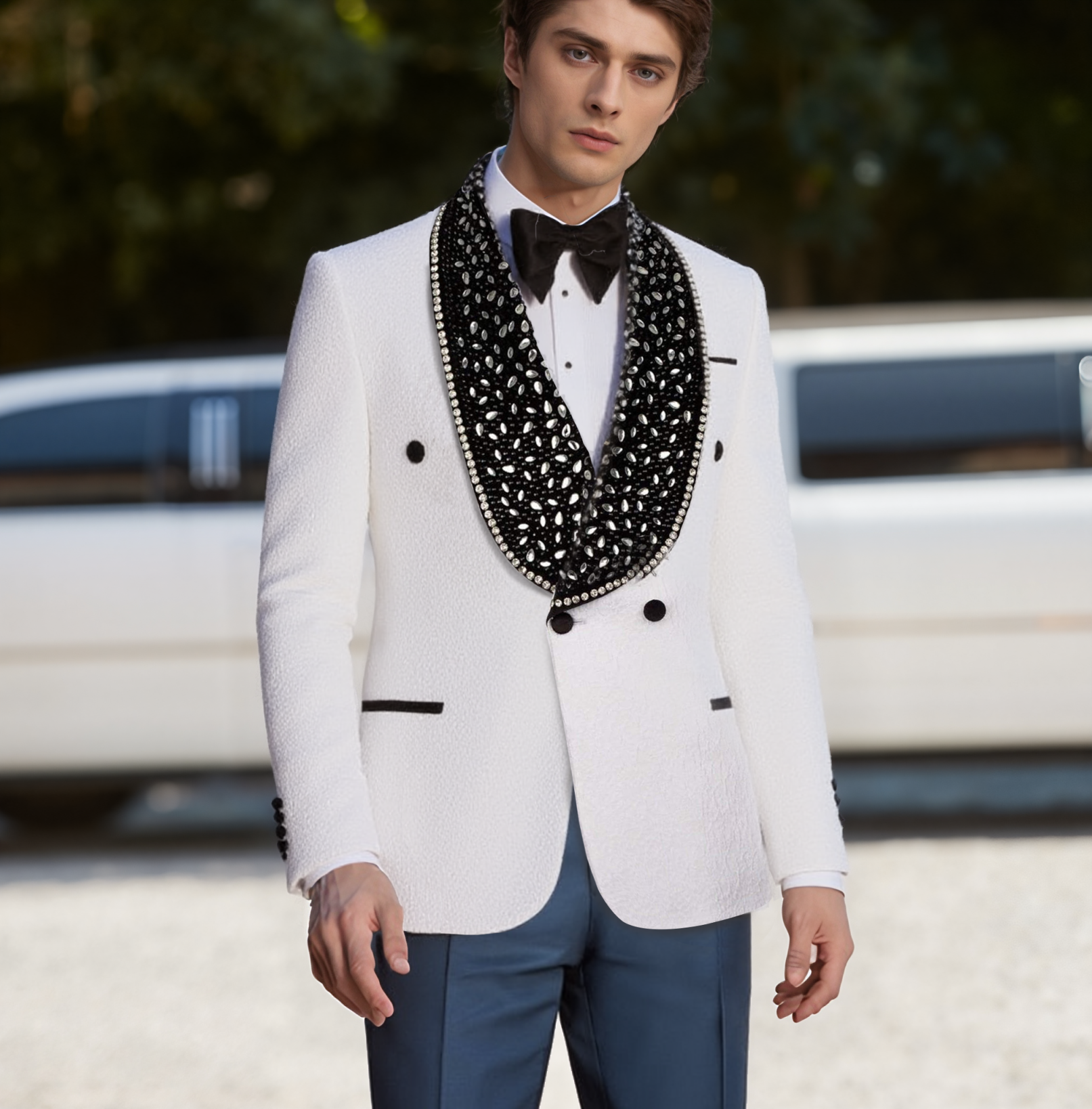 Noble Wedding Tuxedos Double Breasted Crystal Men Suit Shawl Lapel 2 Piece Set Jacket Pants Groom Business Blazers Customized