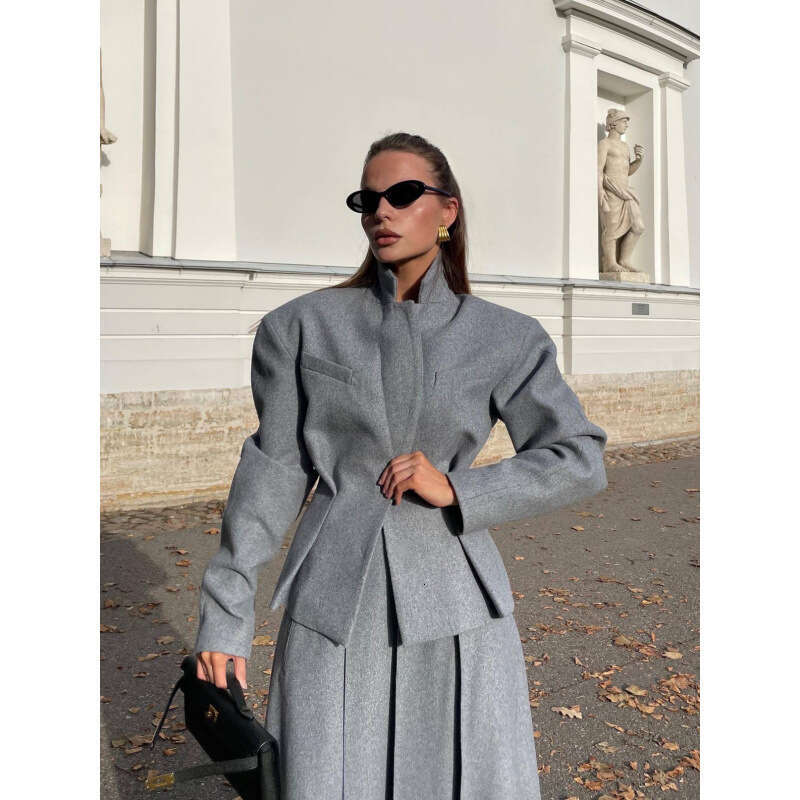 -Autumn And Winter New Fashionable Women's Waist Cinched Small Suit A-Line Length Half Skirt Two-Piece Set