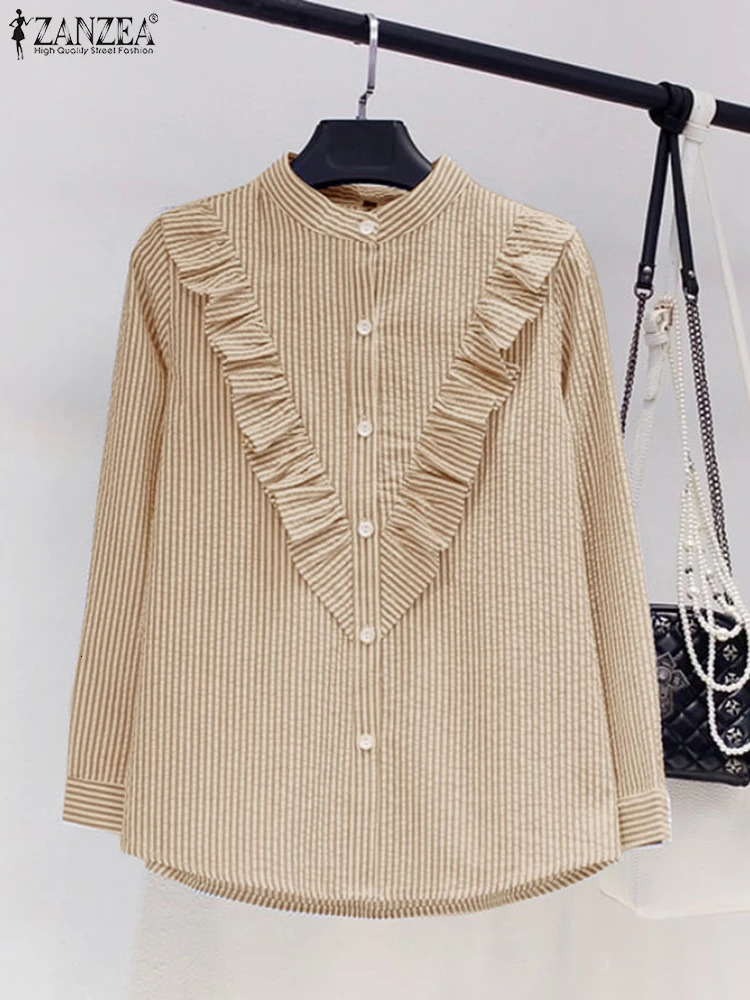 ZANZEA Women Stand Neck Long Sleeve Work Shirt Spring Striped Blouse Elegant Ruffles Tops Tunic Fashion Buttons Down Blouses 250311