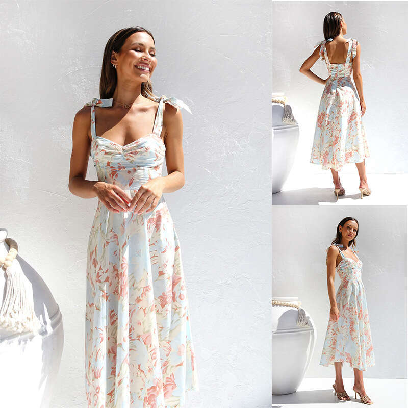 European and American slim fit slimming waist cinched V-neck suspender print medium long dress for women 2025 new style temperament chic elegant cloth