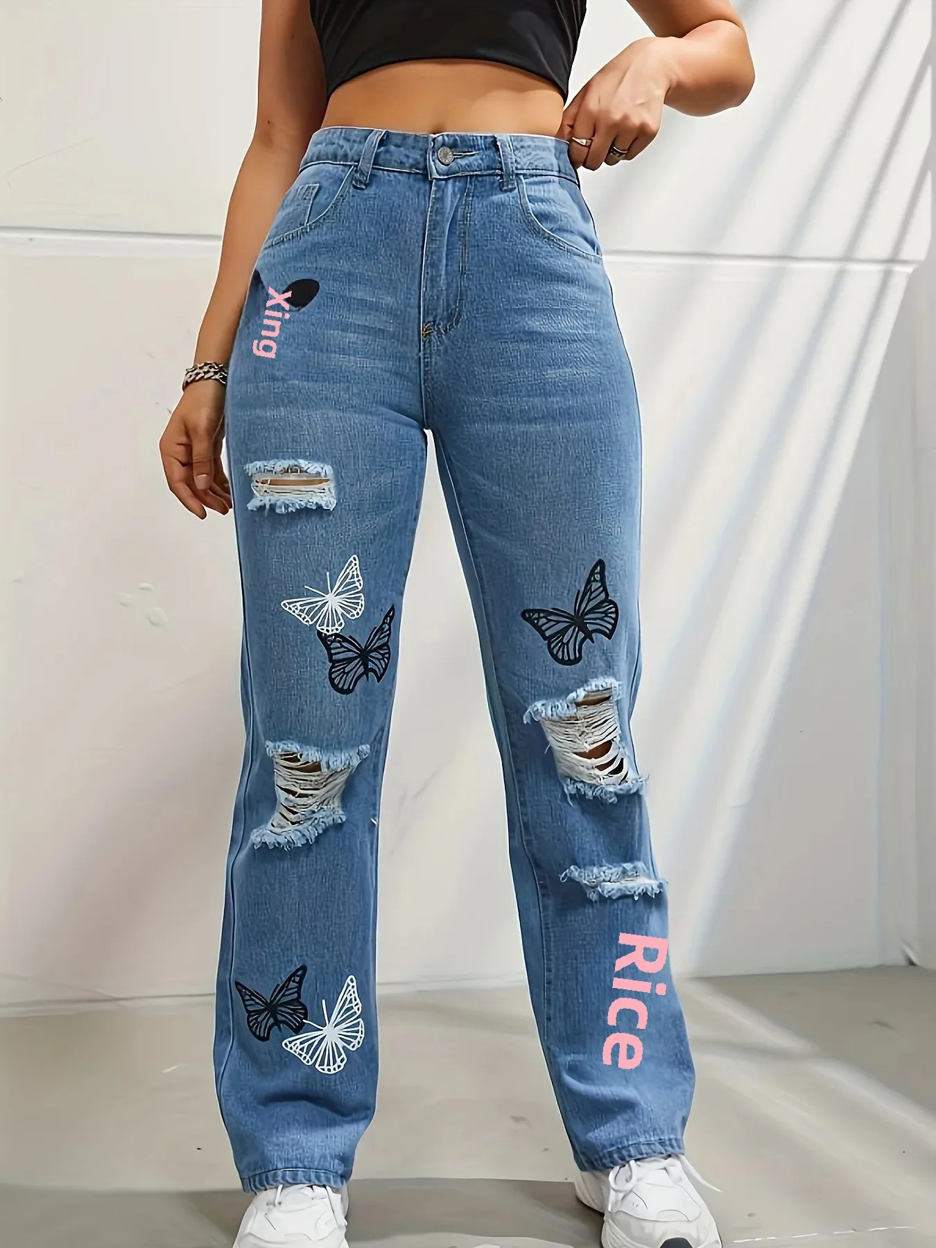 Spring Summer HighWaisted StraightLeg Denim Jeans With Butterfly Printing And Color Blocking For Women Fashionable Tre 250311