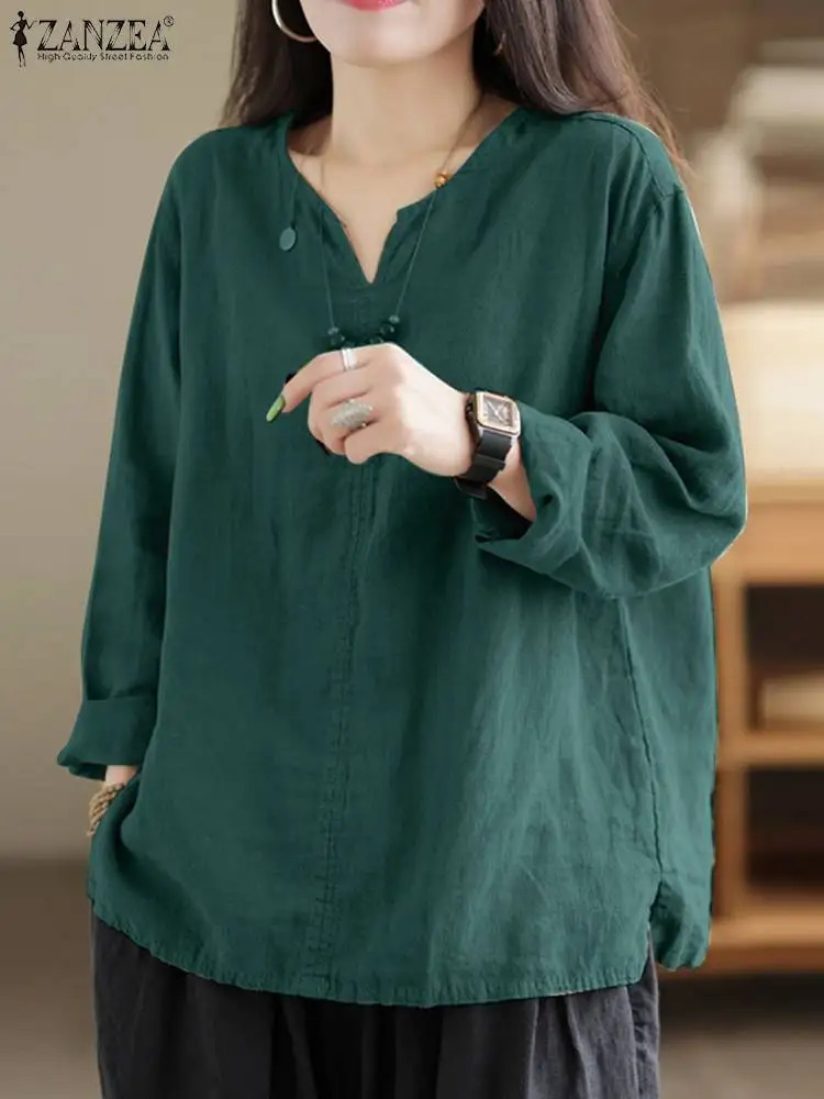 Vintage Women Cotton Blouse Spring V Neck Long Sleeve Tops ZANZEA Retro Solid Loose Shirt Female Work Tunic Blouses 250311