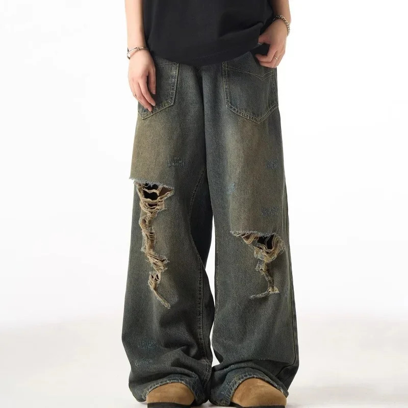 Spring American Retro Ripped Wide Leg Mens Jeans High Street Fashion Distressed Baggy Denim Pants Casual Y2K 250311