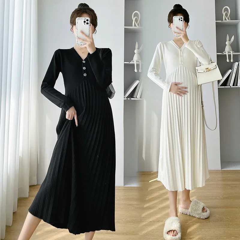 732# Autumn Winter Warm Knitted Maternity Long Dress Elegant A Line Slim Loose Clothes for Pregnant Women Pregnancy SweatersT250311