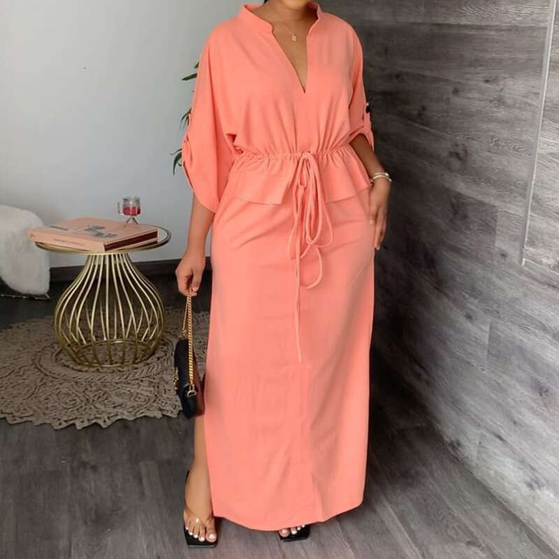 2025 New Women's Clothing Temperament V-Neck Lace Up Waist Loose Casual Slit Spring Dress For Women KLMY