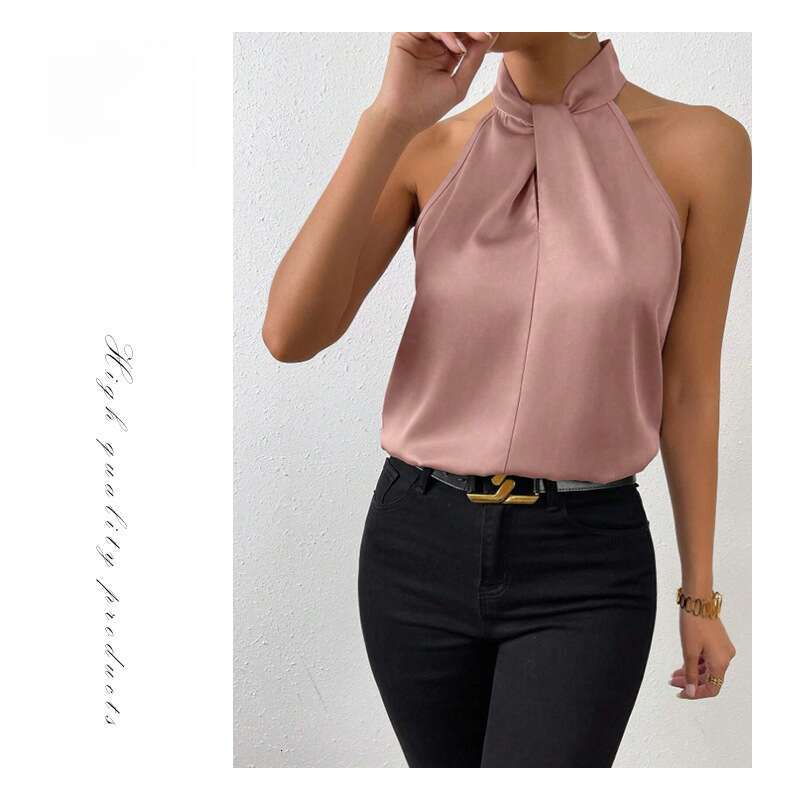 2025 Summer New Womens Colored Ding Hanging Neck Sleeveless Vest Satin Imitation Silk Top Slim Crop Top Casual Casual Slim Streetwear Womens T Shirt C