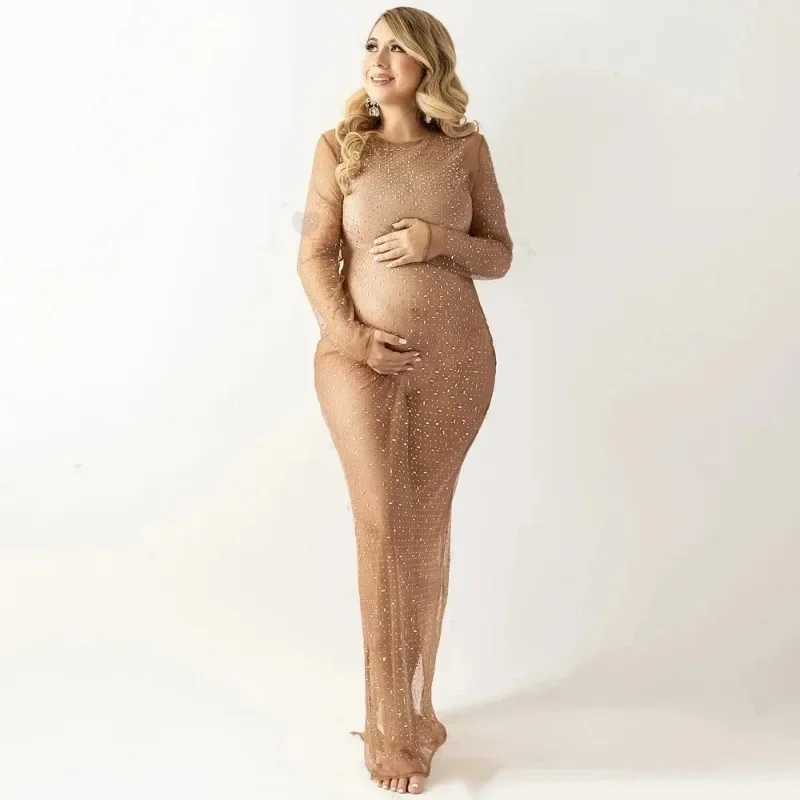 New Transparent Maternity Photography Gowns Sparkling Rhinestone Elastic Mesh Fashion Sexy Dress Pregnant Women For Photo Shoot X2502241