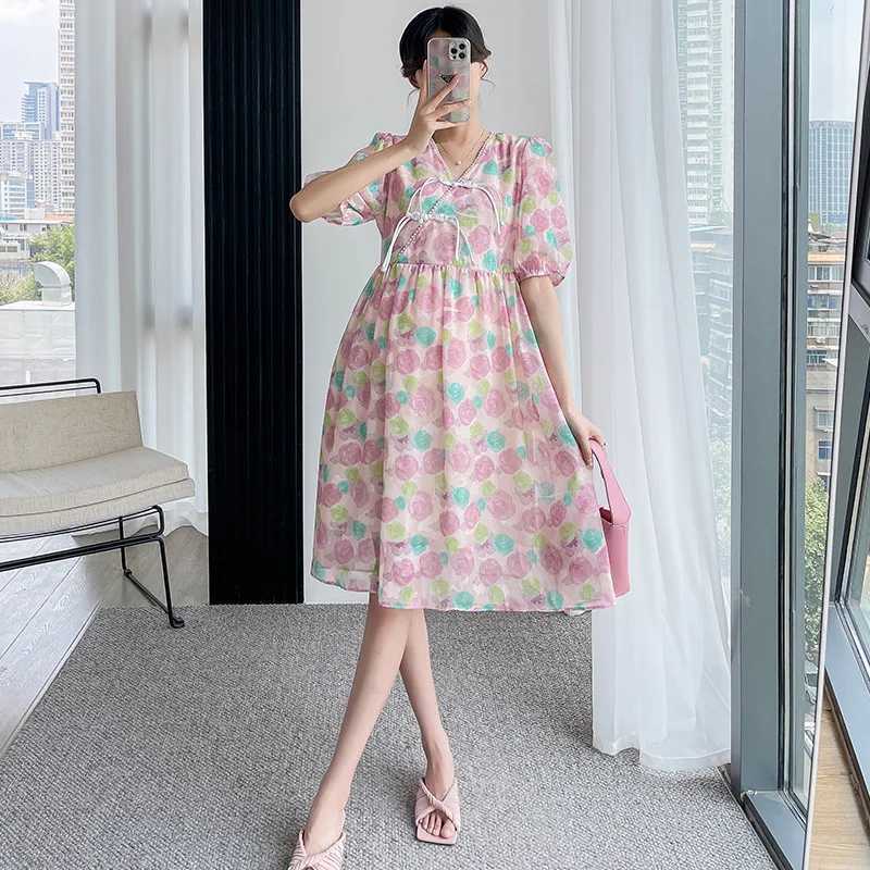 Retro Maternity Dresses Temperament Ladies Summer Loose Mid-length Breathable V-neck 2022 Pregnancy Clothes for Photos Shoot NewT250311