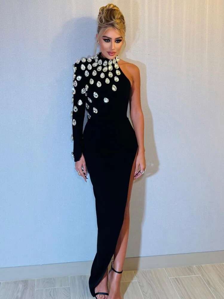 Women Celebrity Sexy Single Sleeve Rhie Black Maxi Long Bodycon Bandage 2023 Elegant Evening Club Party Dress