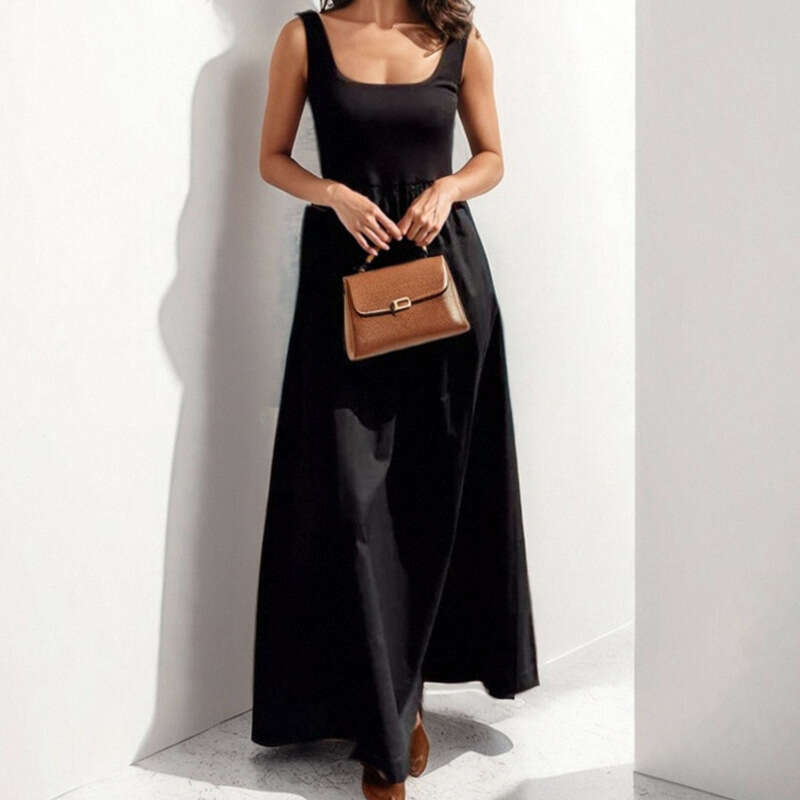 2025 Spring Women's Style Strap Top Pleated Solid Color U-Neck New Year Dress KLMY