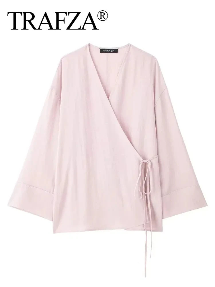 Womens Belt Pajamas Style Shirts Tops Chic Lady Spring Fashion Female Solid Loose Casual VNeck Long Sleeve Blouse 250311