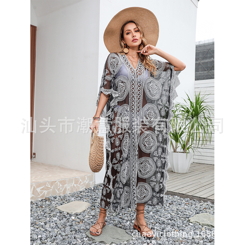 New Summer Women's Water Soluble Lace Sexy Hollow Perspective Loose Beach Bikini Overcover