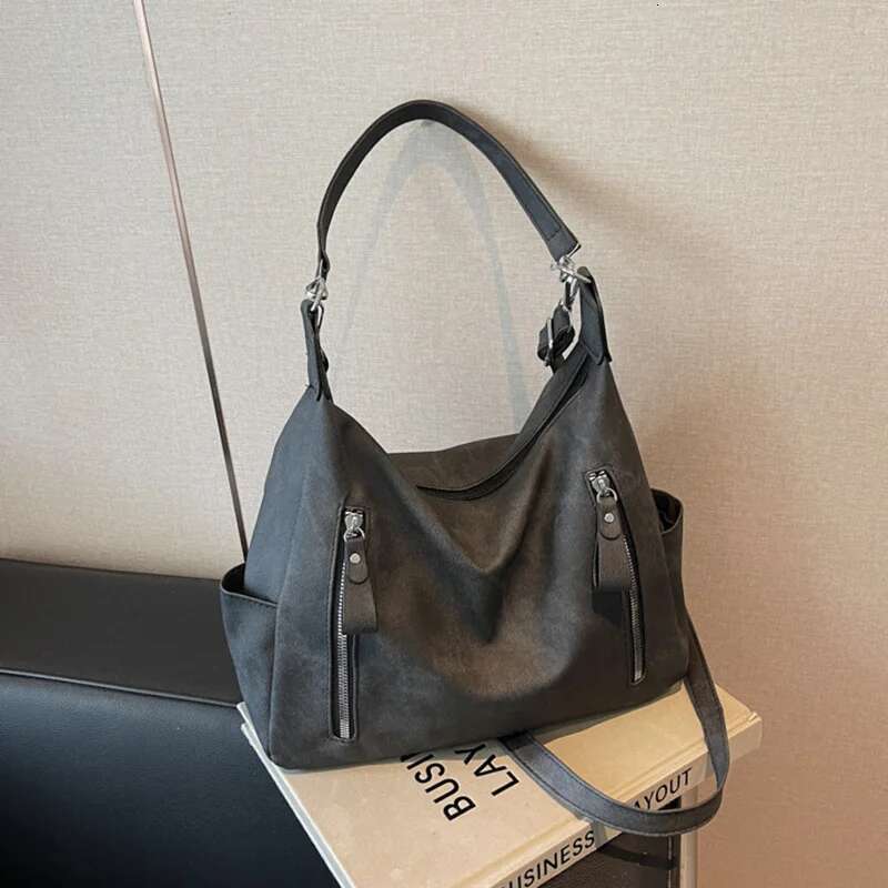 Vintage Frosted PU Leather Shoulder Bag Daily Used, Double Zipper Casual Tote Women's Crossbody Bags For Commuting