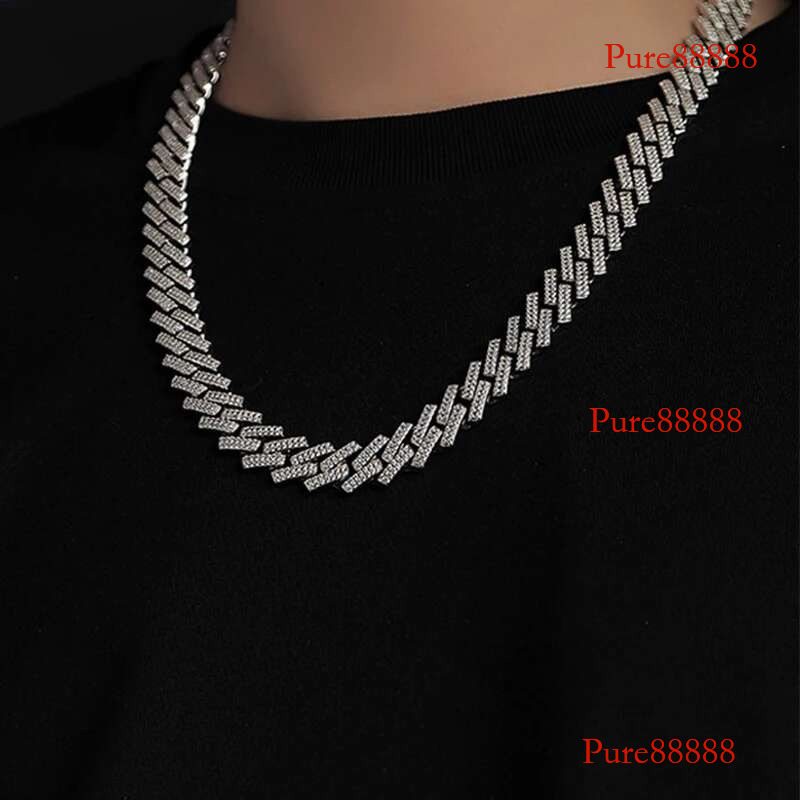 NeeTim 14mm Full Moissanite Cuban Necklaces for Men Women Sterg Sier with White Gold Plated Neck Chain Hip Hop Jewelry