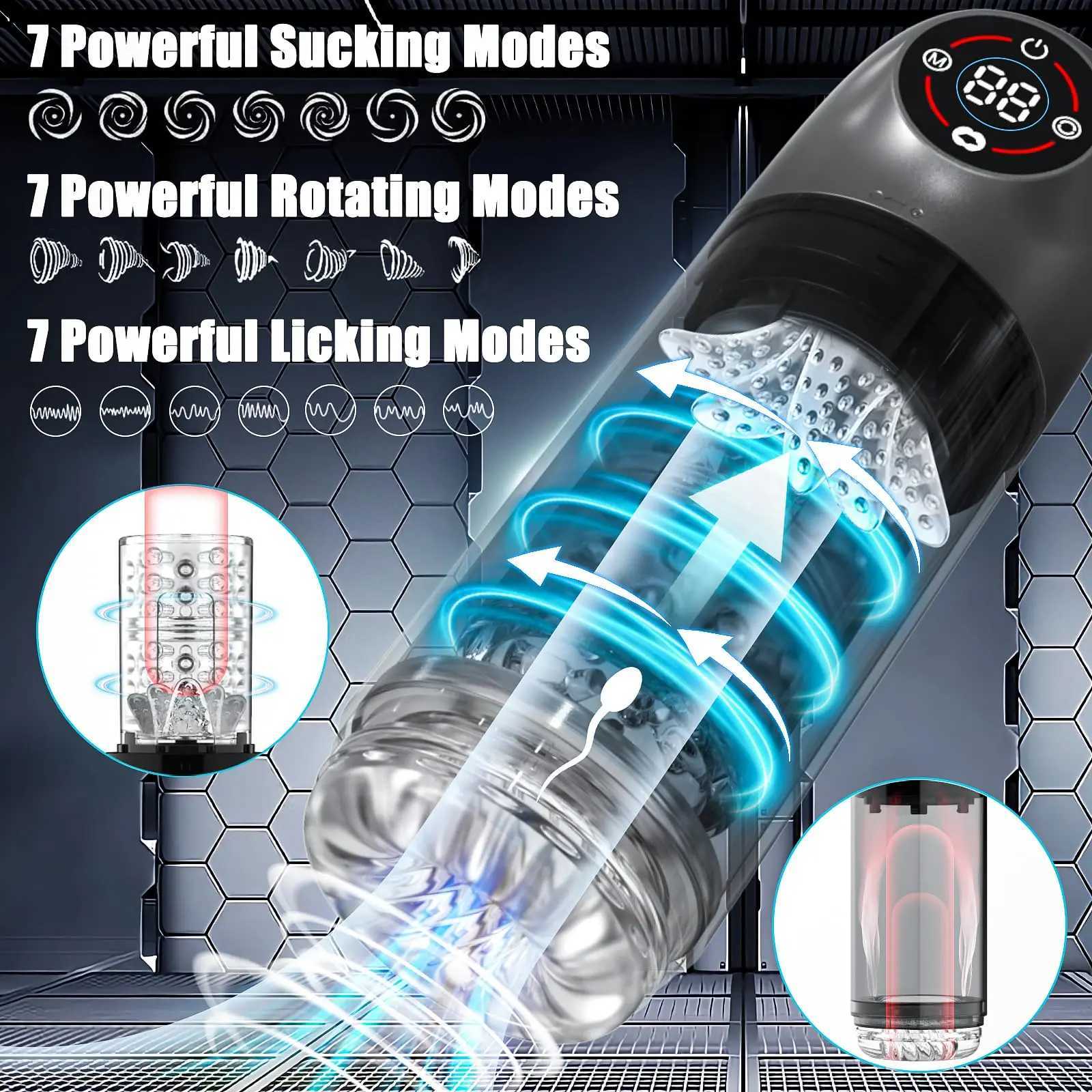 Automatic Male Masturbator with Rotating Vacuum Penis Pump Sucking Lick Vibrator Adult Sex Toys for Men Pocket Pussy LCD Display W250311