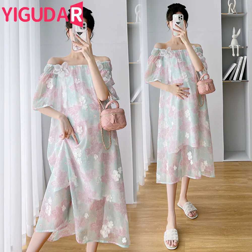Cute Flower Embroidery Maternity Dresses Summer Pregnant Women Clothes Print Pregnancy photoshoot dress Fashion VestidosT250311