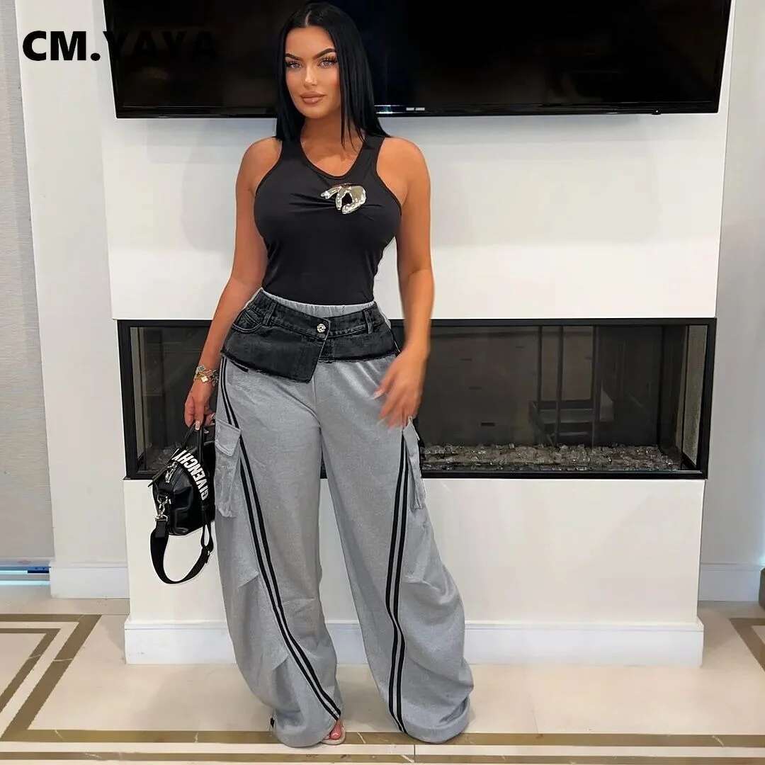 Cm.Yaya Fashion Women Denim Patchwork Pocket Side Wide Leg Loose Jogger Pants 2024 Active Jean Splicing Sweatpants Trousers