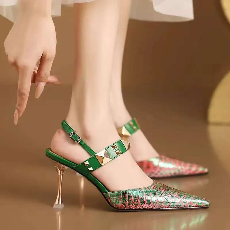 Large Elegant 34-43 Baotou Sandals for Women 41 New Rear Empty High Heels 42 Small Shallow Mouth One Button Single Shoes