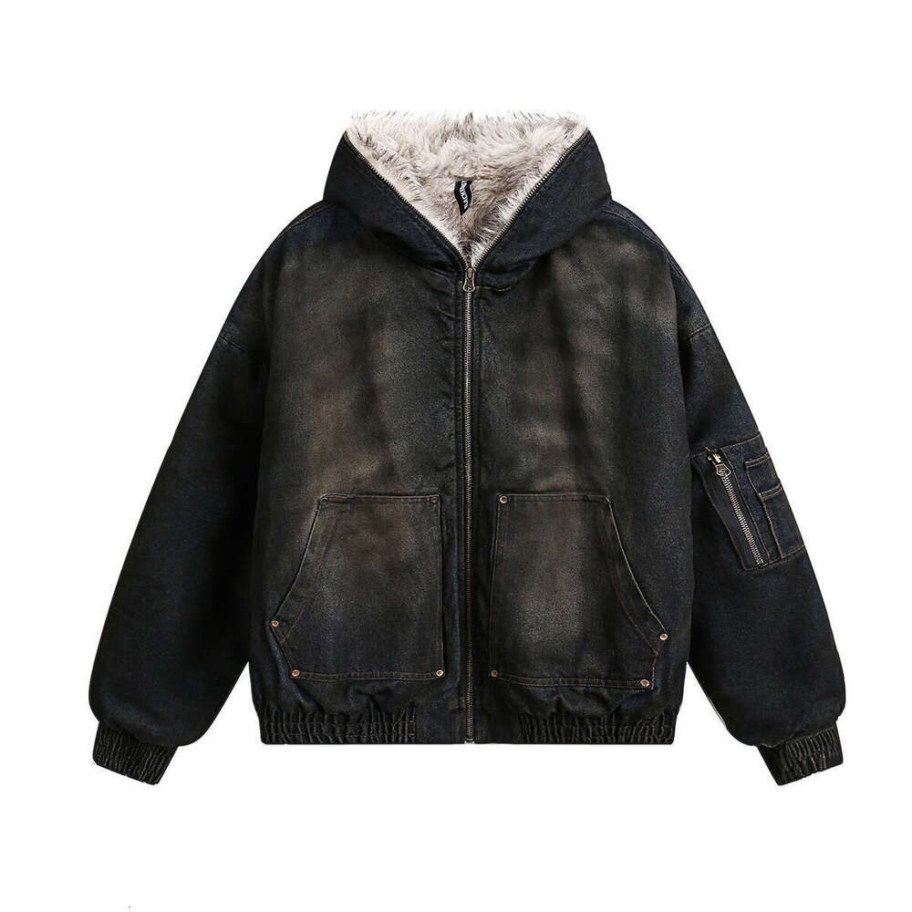 Jiayiku Men's 2024 New Winter Washed Denim With Velvet American Street Waste Soil Style Cotton Coat