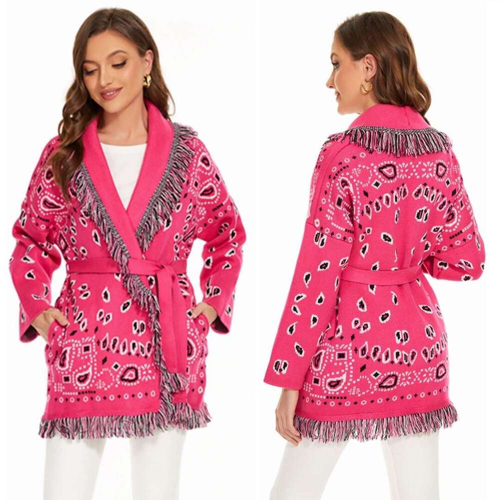 Fashionable Autumn And Winter Ethnic Style Jacquard Thick Sweater Cardigan Niche High-End Feeling Rose Red Tassel Jacket For Women