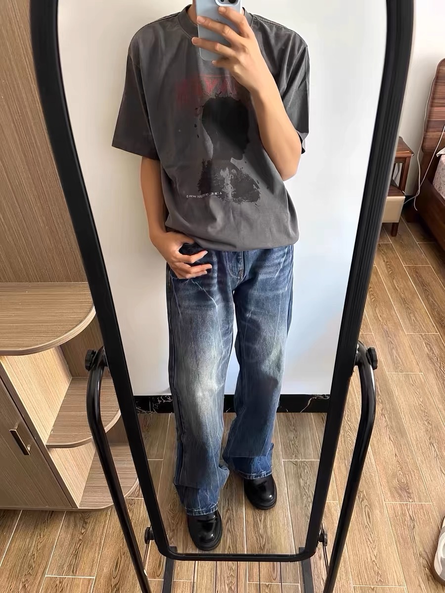 Men's Jeans Burst Pattern Y2K Mens Hip Hop Retro Blue Baggy Jeans Denim Pants Goth High Waisted Wide Trousers