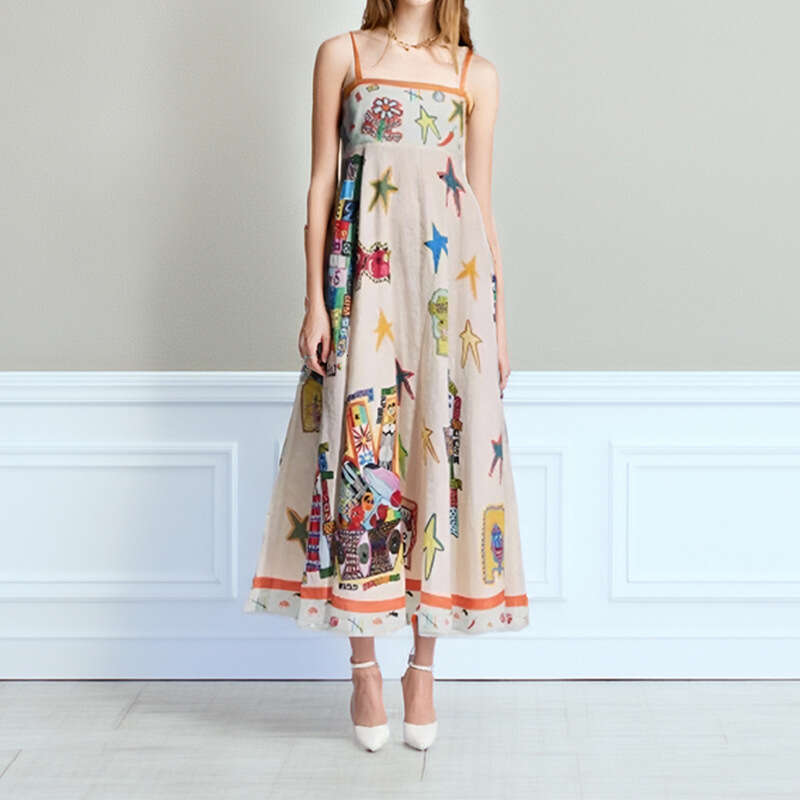 Women's 2025 Summer New Sexy Strap Skirt Graffiti Printed Large Pendant Dress For Women KLMY