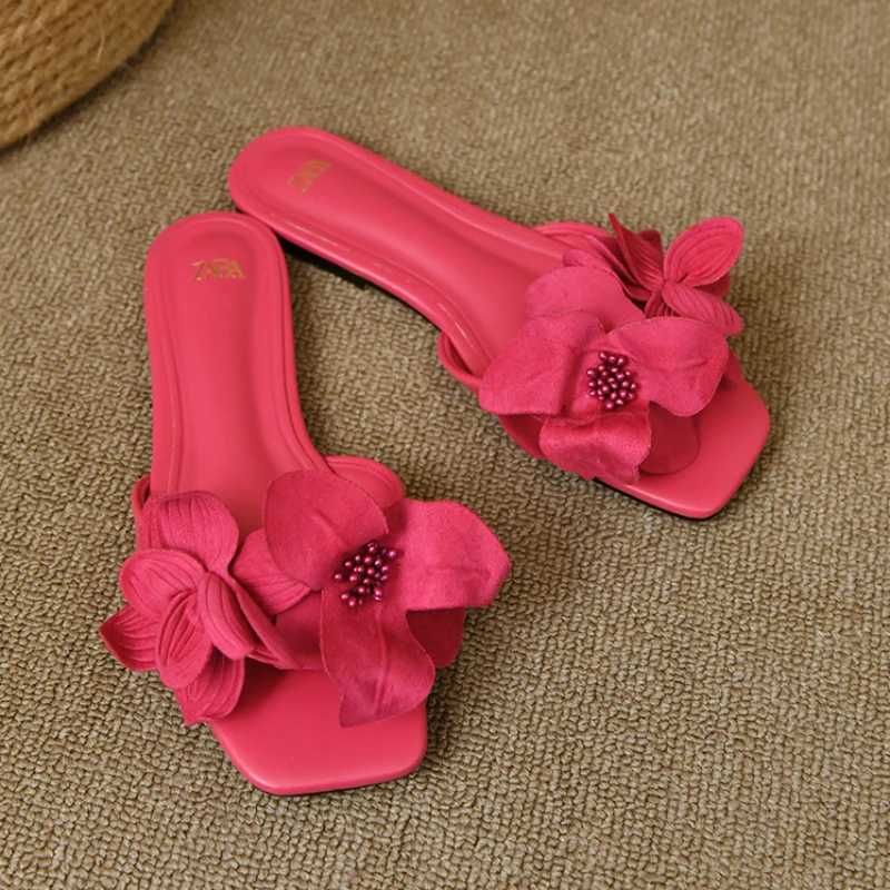 ZASummer Plus Size Womens Slippers 2024 Korean Style Fi Outer Slippers Elegant Flower Ladies Flat Slippers Shoussure FemmeXJ250311