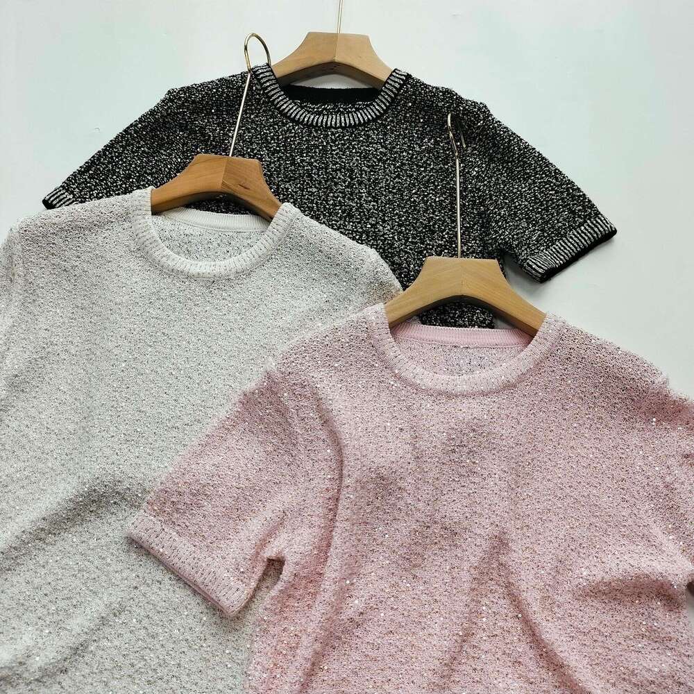 New Summer 2024 Nanyou High End Silk Sparkling Small Fragrant Knitted Shirt Women's Short Sleeve Hoodie Top