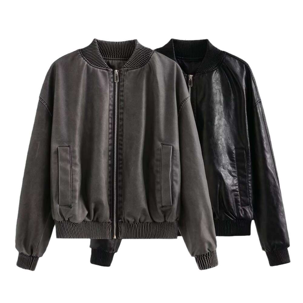 2023 Autumn New Y2k Women's Washed And Worn Effect Pilot PU Leather Jacket