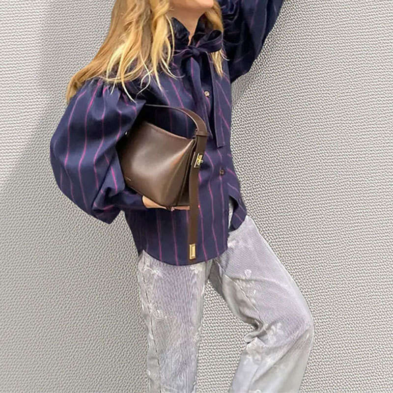 Spring 2025 New Women's Clothing Style Lantern Sleeves Striped Lace Up French Shirt Top For Women KLMY