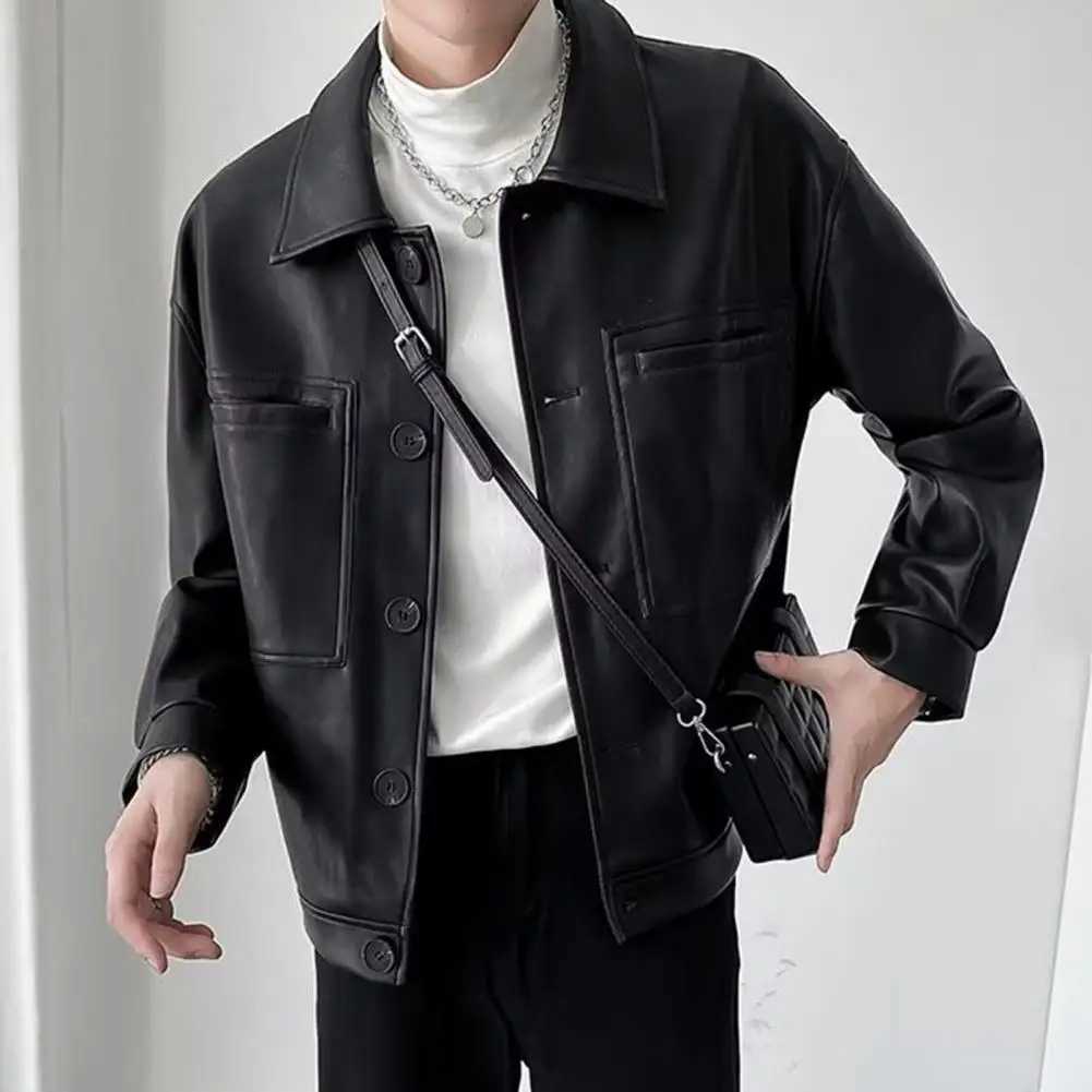 Retro Men Jacket Faux Leather Lapel Long Sleeve Single-Breasted Jacket Coat Loose Waterproof Warm Jacket PUT250311
