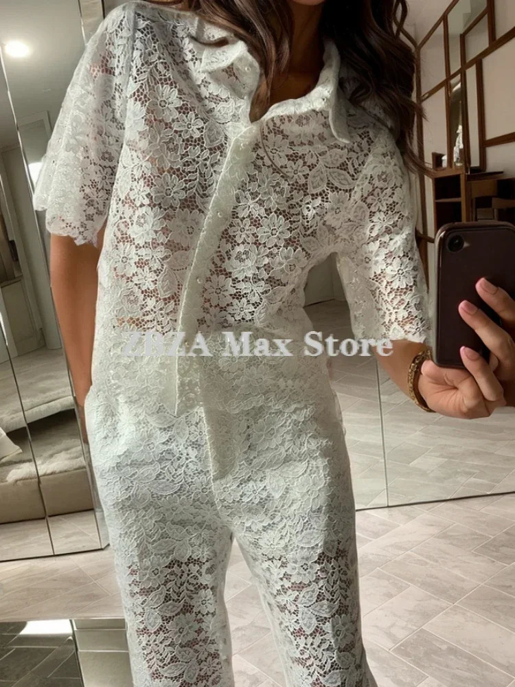 ZBZA Womens Lace Shirt Pants Suit Hollow Out Lapel Short Sleeves Top High Waist Zip Pockets Straight Leg Pant Chic Set 250310