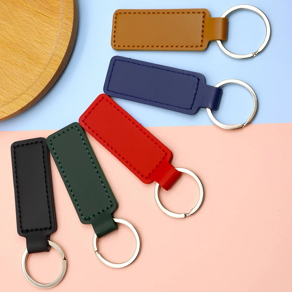 10Pcs Bright PU Leather Keychain Double sided Customiz Car Thread Gift Metal Pendant PU Key Chain Simple KeyChains Keyholde 250305