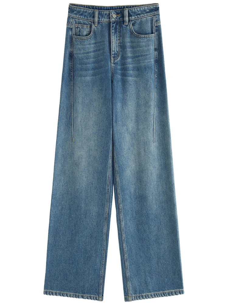 FSLE Womens Jeans Winter Thicken Retro Denim Blue Long Jean 100% Cotton Srtaight Female Thick Casual Full Length Pants 24FS14294 250311
