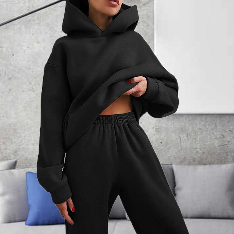 Women's Winter Solid Color Casual Fashion Sports Hoodie Set KLMY